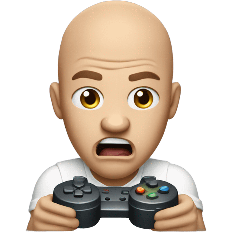 a bald man plays console and screams emoji