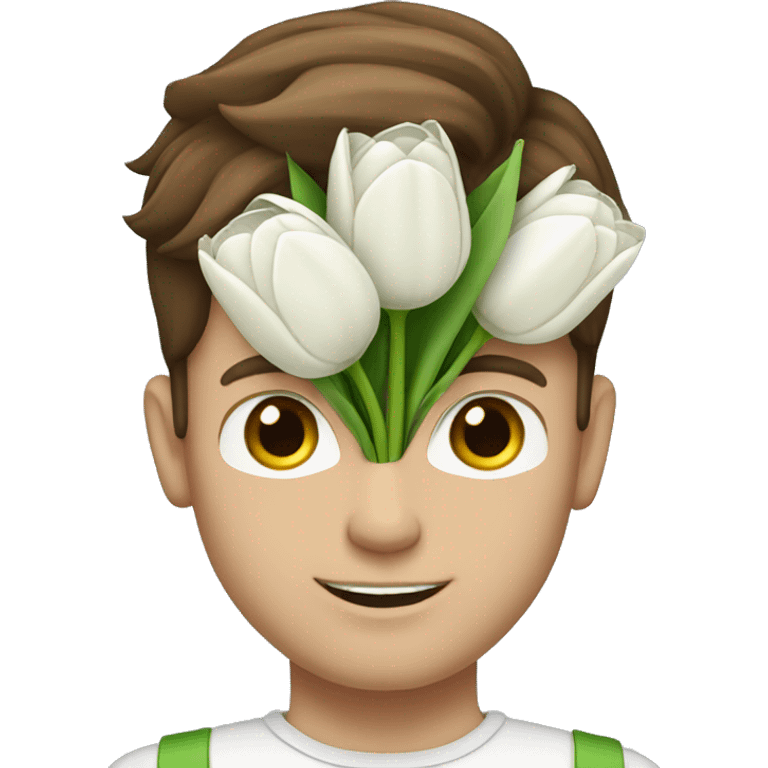 man with brown hair and green eyes holding a bouquet of white tulips emoji