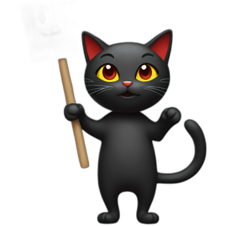 black and red cat holding a sign with text emoji