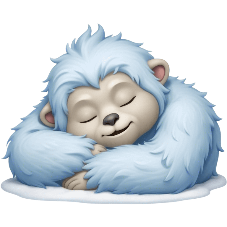 Meme-Worthy Cute Sleeping Yeti Portrait Emoji, with a charming, fluffy, snow-dusted figure in gentle whites and cool blues, head resting in blissful, serene slumber with closed, peaceful eyes and a small, contented smile, simplified yet irresistibly adorable, highly detailed with a soft frosty outline that captures the tender drowsiness of a yeti drifting into snowy dreams! emoji