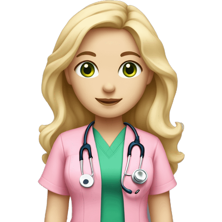 pale blonde girl with long wavy hair and green eyes wearing pink scrubs and stethoscope  emoji