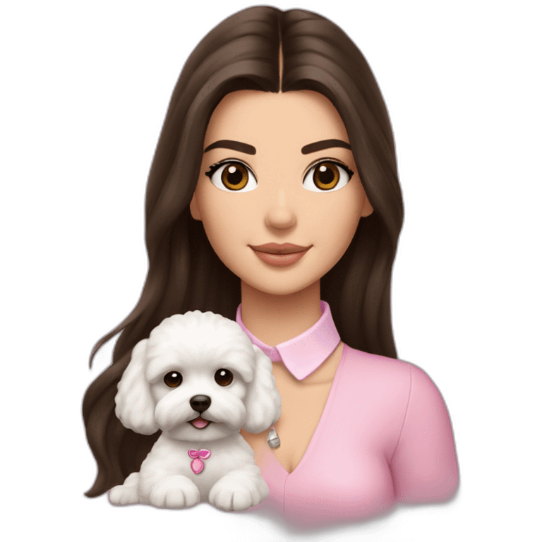 brunette Kendall Jenner with long hair holding on the hands white maltipoo in pink collar emoji