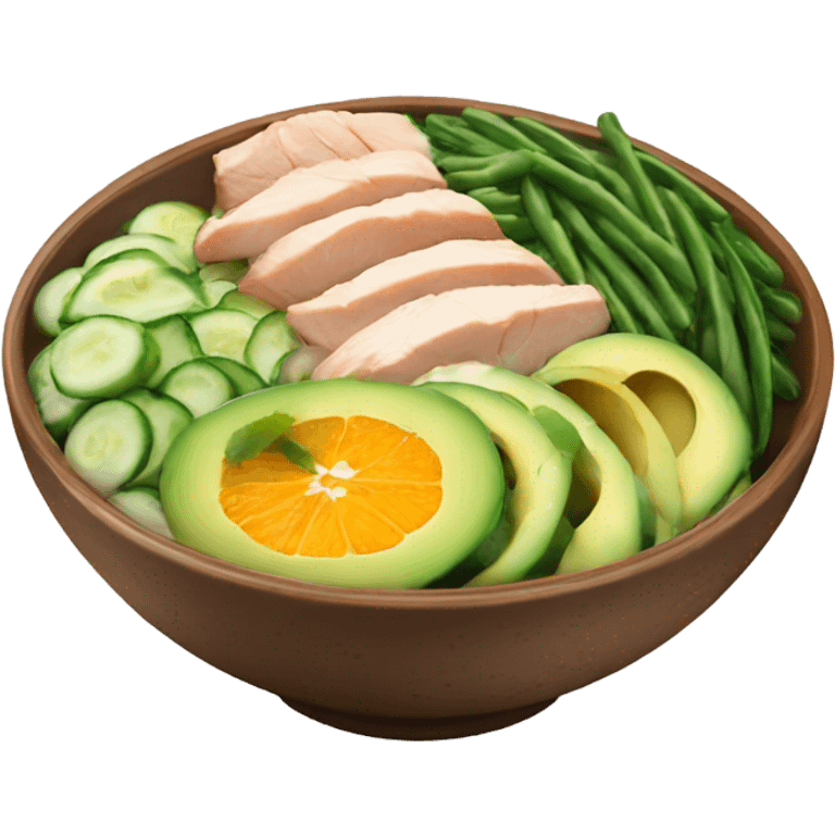 Poke bowl with chicken, avocado, orange, cucumbers and green beans; side view emoji