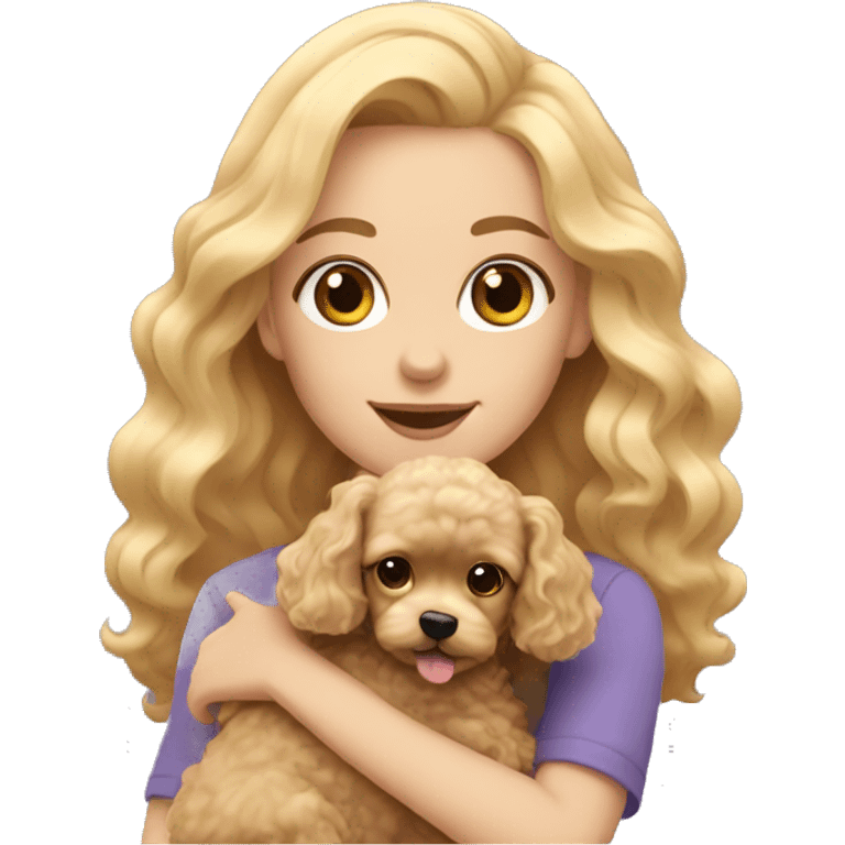 blonde long wavy hair girl holding a cute poodle dog with short ears wavy fur emoji