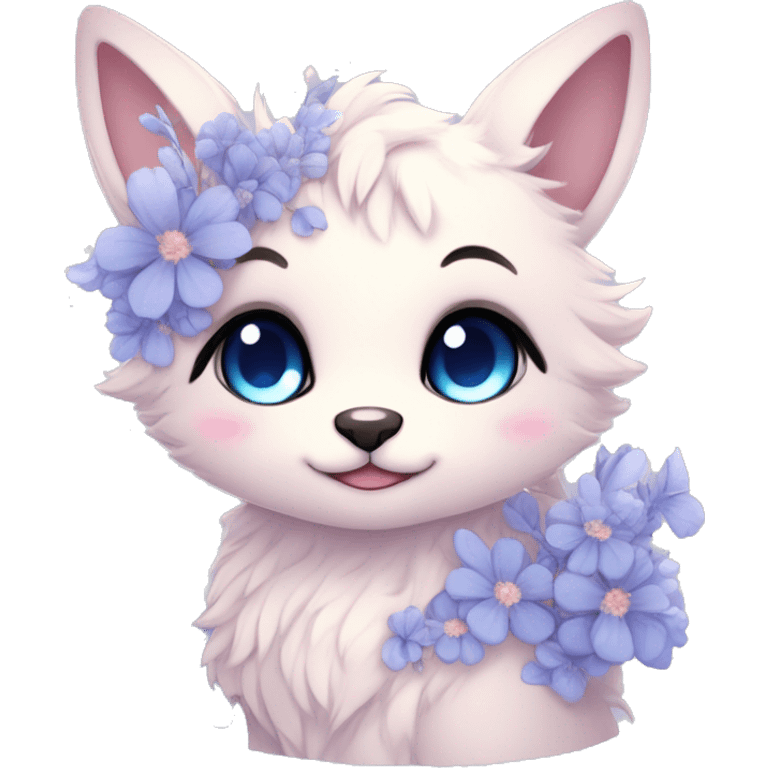 Anthro Cute Cool Blushing Pastel Innocent Shy Kawaii gorgeous sparkly ethereal fantasy anime animal creature with blue eyes furry sona with flowers and ribbons beautiful aesthetic emoji