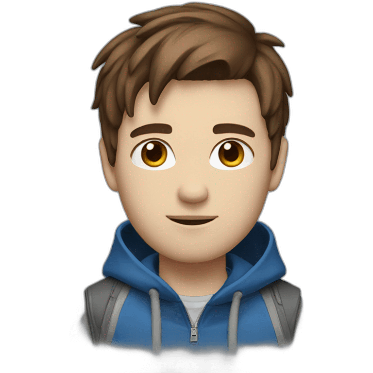 a guy with an emo haircut, a blue jacket and blue eyes.  and brown hair. emoji