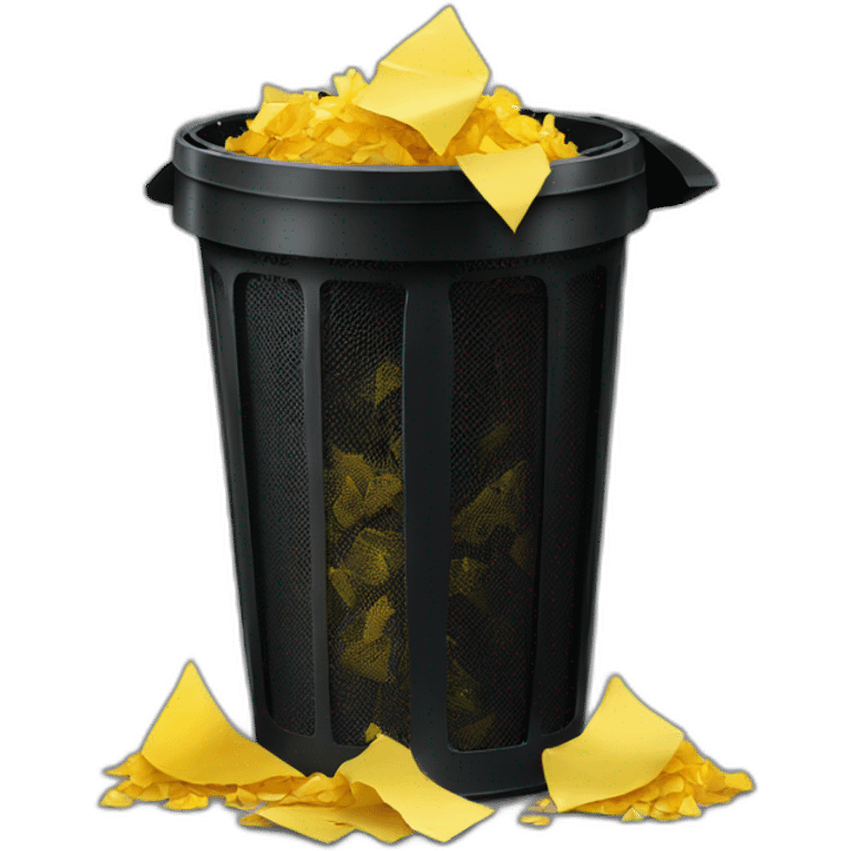 black mesh metal dustbin filled with yellow crumbled papers emoji