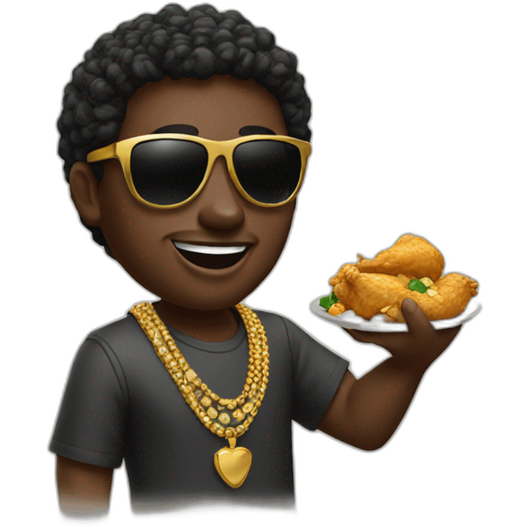 A black man waving with gold jewelry and sunglasses while eating chicken emoji