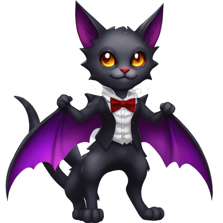 Cute-Evil-Vampiric-Batty-Cat-Black-Purple-Red-Grey-White-Yellow-Contrast-Colors-Fantasy-Fur-Sona-Chibi-Shiny-Fakémon-Hybrid with horns and big fangs neck bow tie leg spats full body emoji