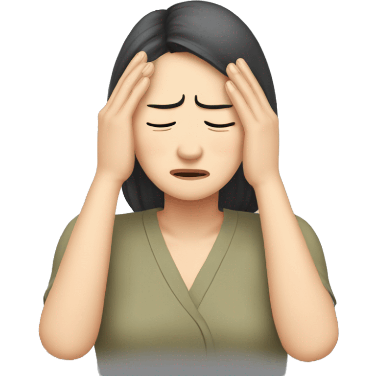 Headache, middle-aged Korean woman in her 40s, with one hand on her head, painful face emoji