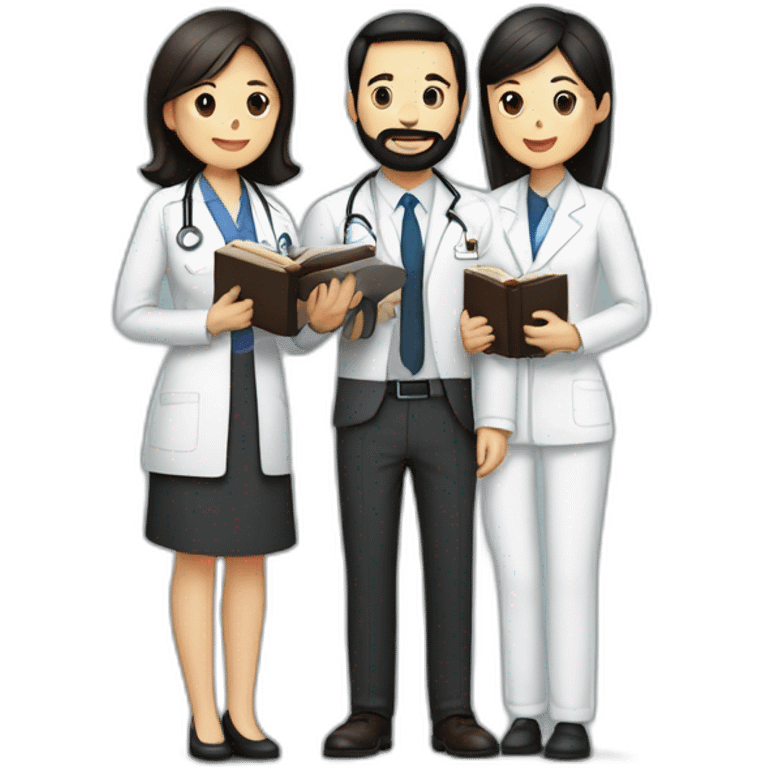 husband american man with dark brown hair and trimmed beard wearing a suit holding a bible, wife to woman asian middle age with black shoulder length hair wearing a nurse uniform emoji