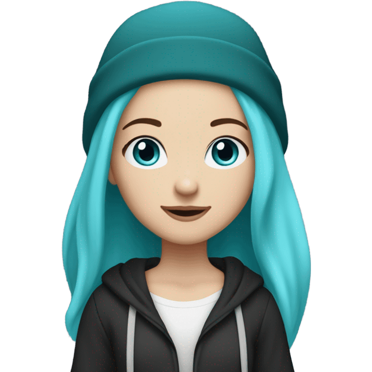 White girl, blue eyes, long teal hair, purple beanie hat, black hoodie emoji