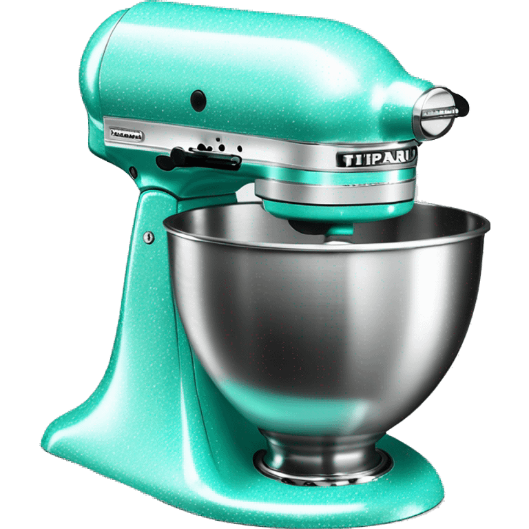 Realistic silver and pastel tiffany blue kitchenaid mixer decorated with white shiny sparkly diamonds. emoji