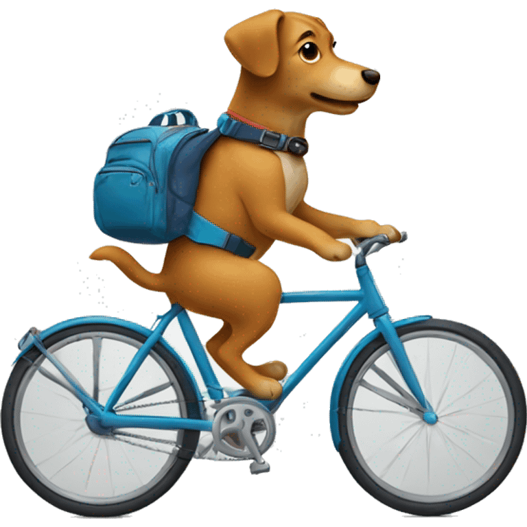 A dog is riding a bicycle and wearing a backpack. emoji