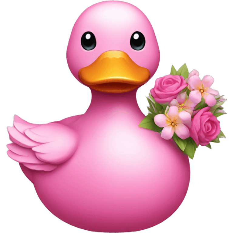 pink duck with bouquet of flowers emoji