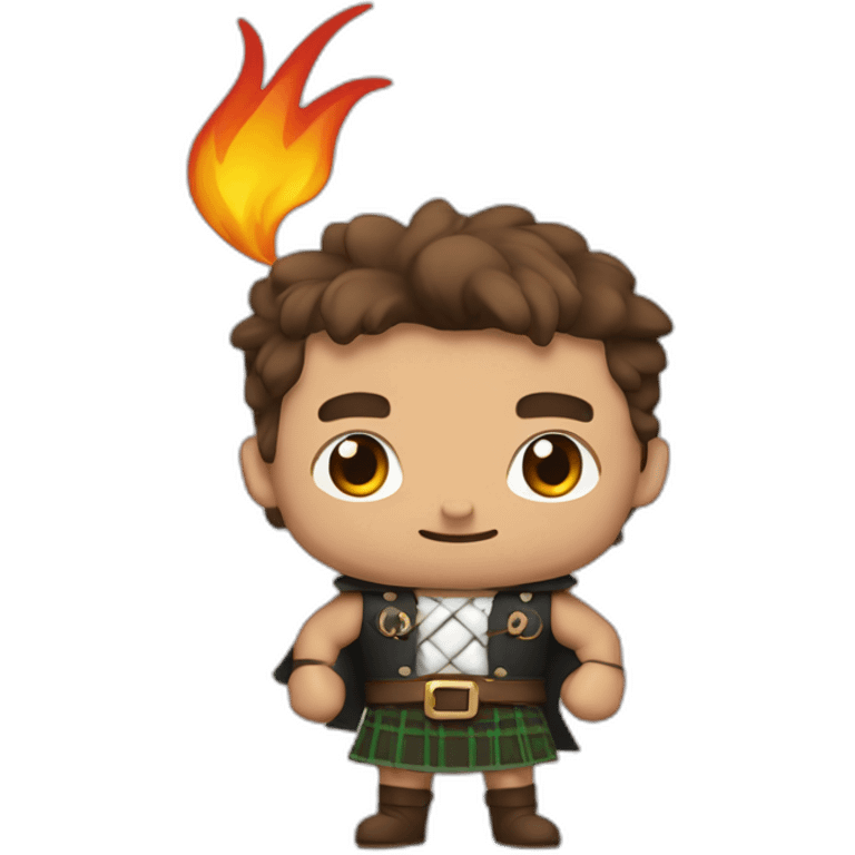 monty wearing a kilt flexing bicep brown hair surrounded by fire emoji