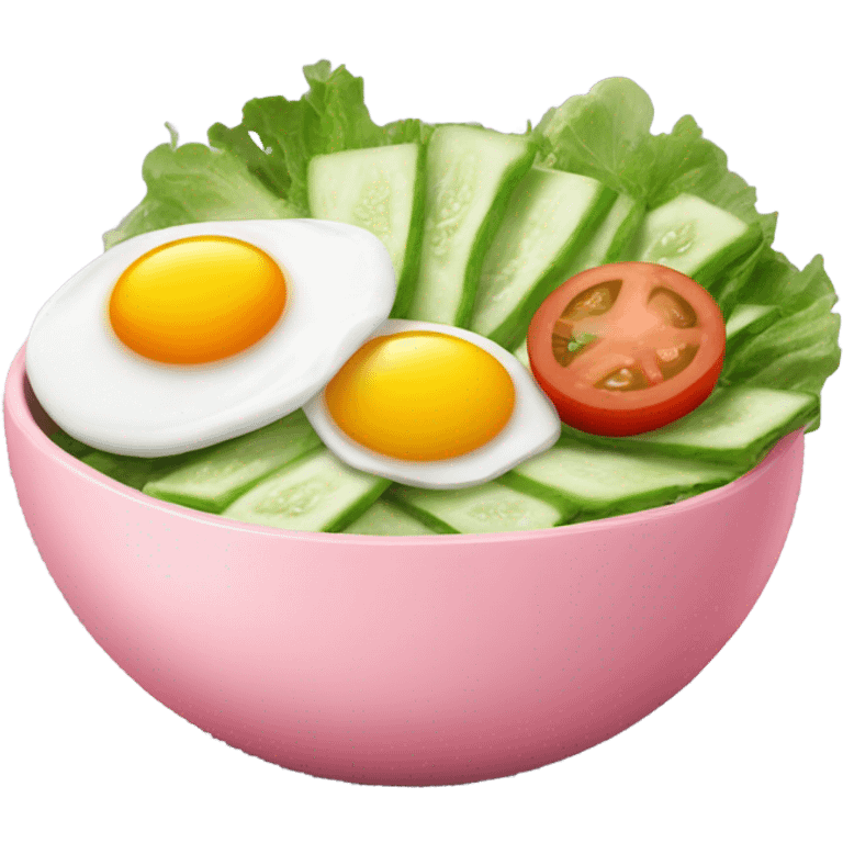 cucumber, tomato and lettuce chopped up in a pink bowl, topped with a fried egg emoji