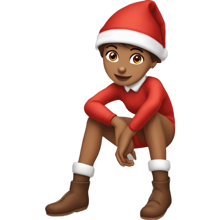 Girl with brown short hair in red elf hat in a sitting knees up holding her knees while wearing a red bodysuit ￼ emoji