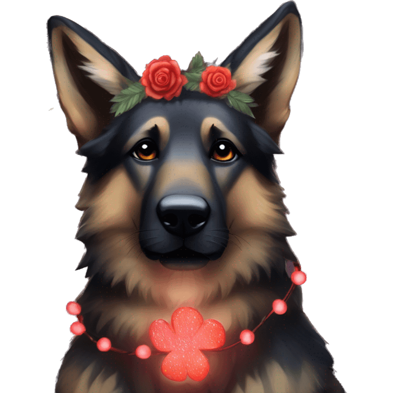 Bokeh Midnight constellation night stars Brindled striped brindle black German shepherd fox carrying glowing red lantern, fairy lights, rose flower crown, bokeh lights, out of focus blur emoji