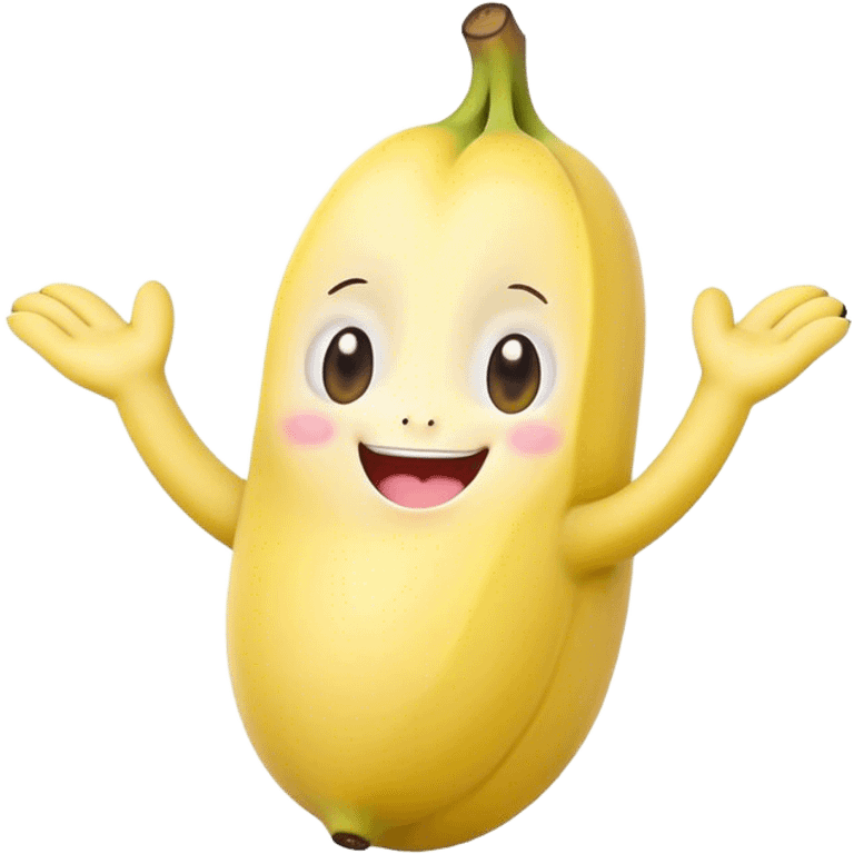 Cute Kawaii Banana, slightly curved, soft pastel yellow, cute giggling face with big round eyes, tiny arms waving happily, a peeled section revealing a smiling expression! emoji