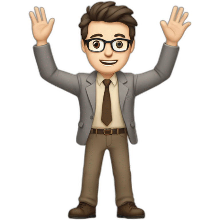 To belt Actively gesturing with hands Okay Pale skinned fit man with dark brown hair in gray jacket, beige office shirt, brown tie, brown pants and vintage glasses. emoji