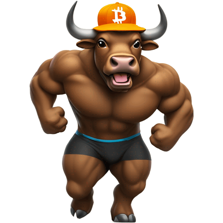 Bull ready to charge wearing bitcoin hat emoji