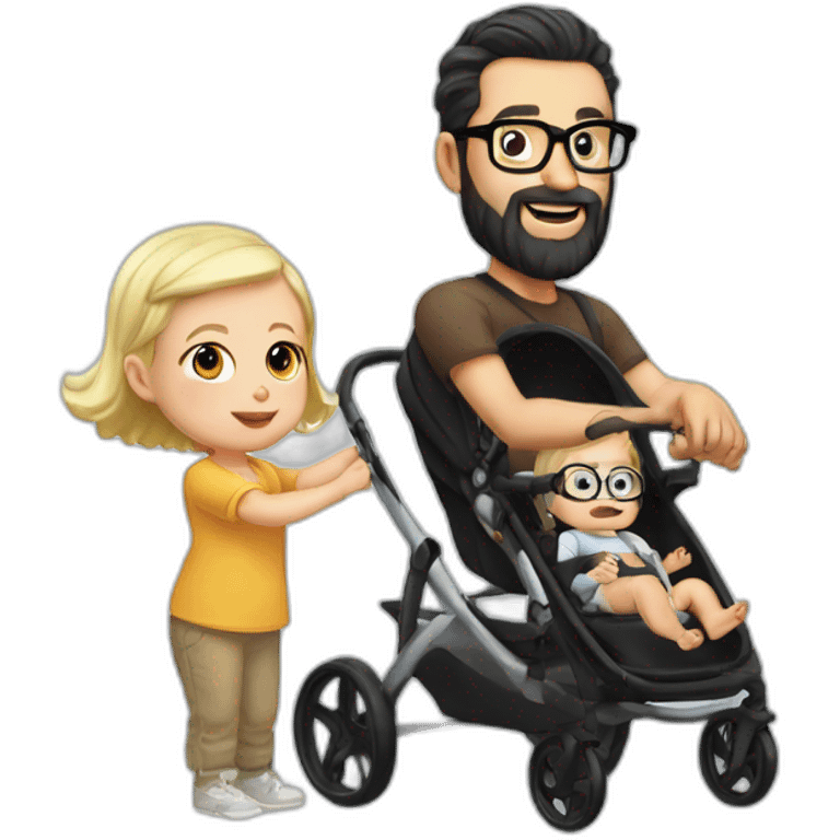 White man with Black hair,  beard and glasses pushing buggy with blonde baby emoji