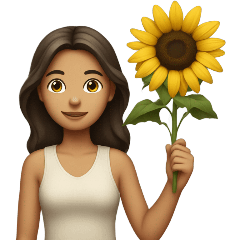 Brunette girl holding a sunflower emoji