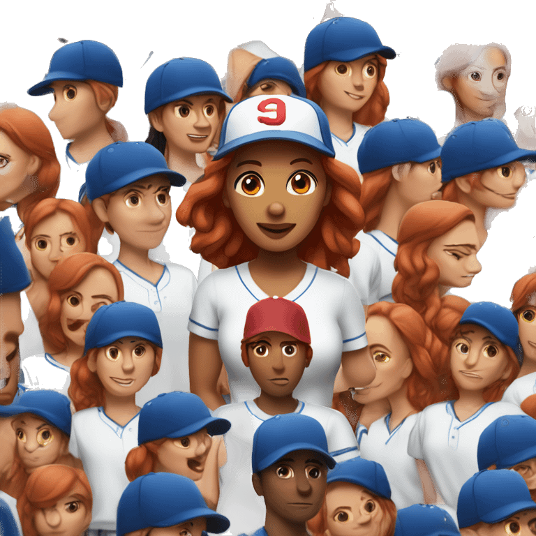 front facing standing up female coach with long red hair, wearing a white t-shirt and a simple baseball blue hat emoji