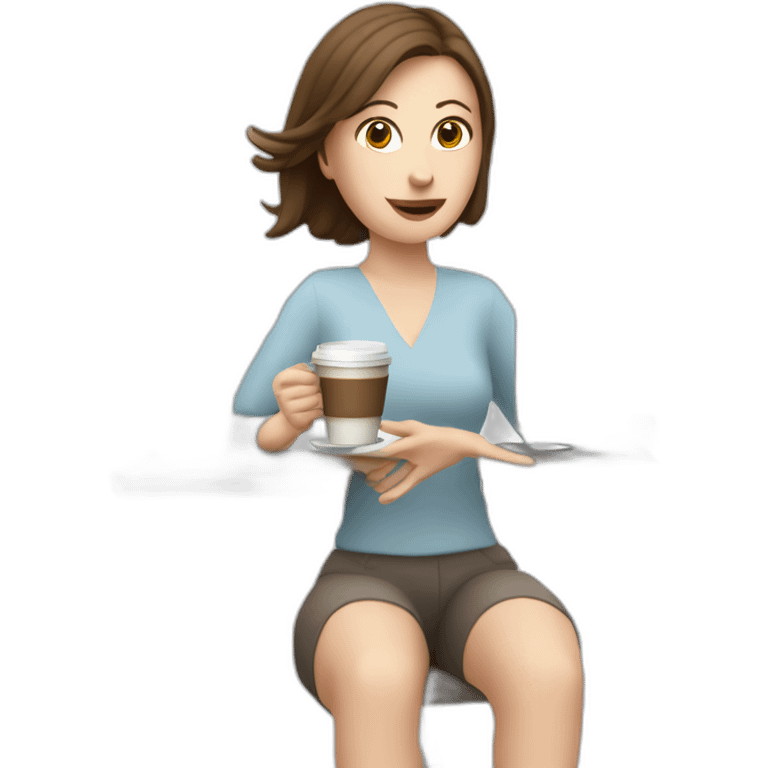 woman with pale skin and brown hair behind a computer juggling with coffee cups emoji