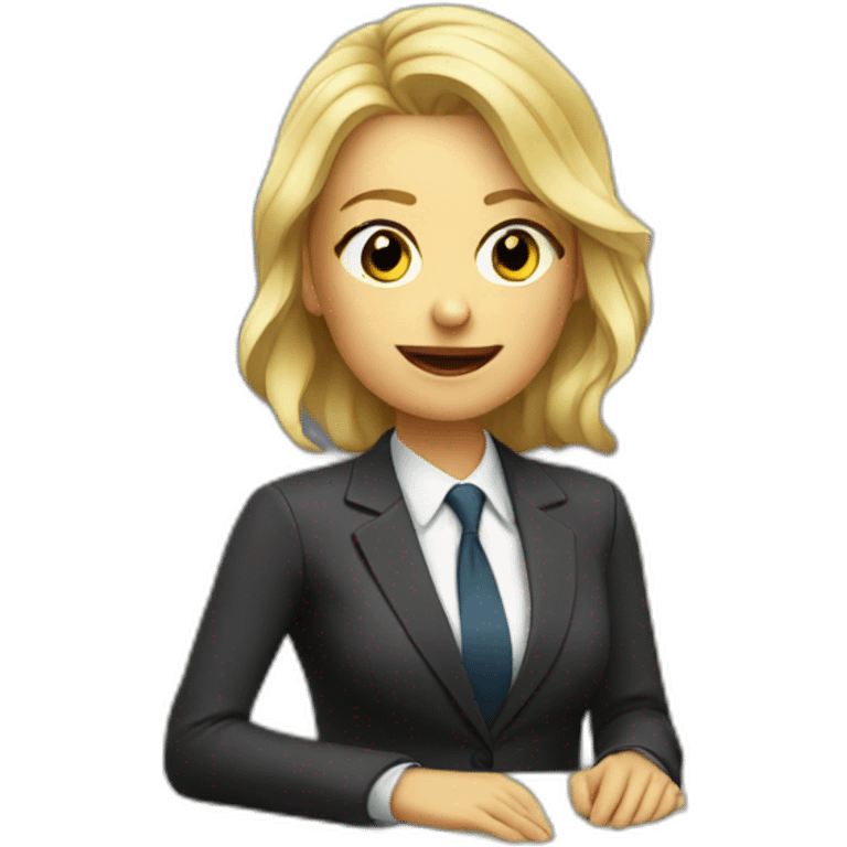 Blonde white woman wearing a suit sitting on the table telling the news towards the camera emoji