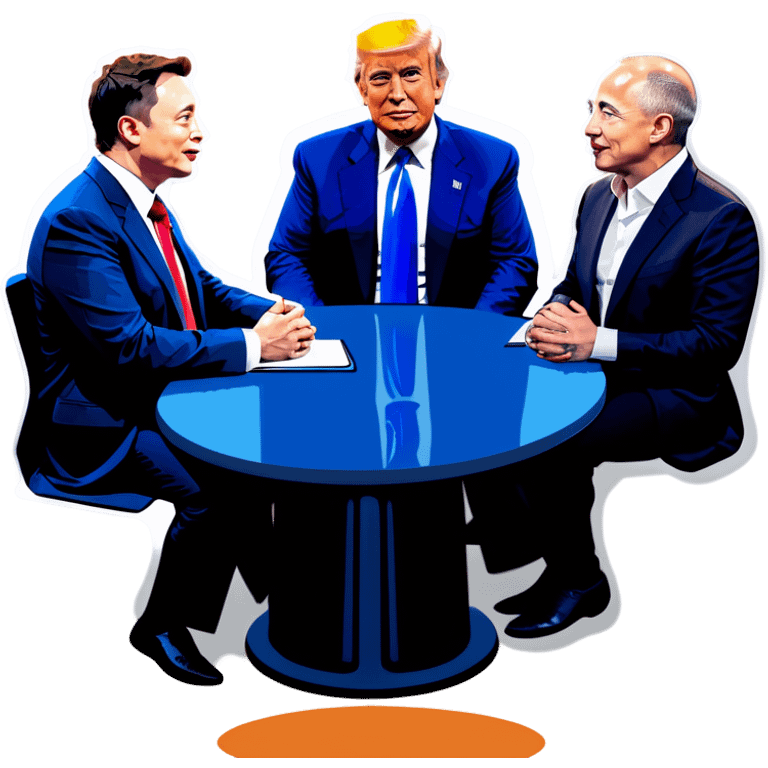 Jesus, Buddha, Elon Musk, Jeff Bezos, and Trump in a meeting emoji