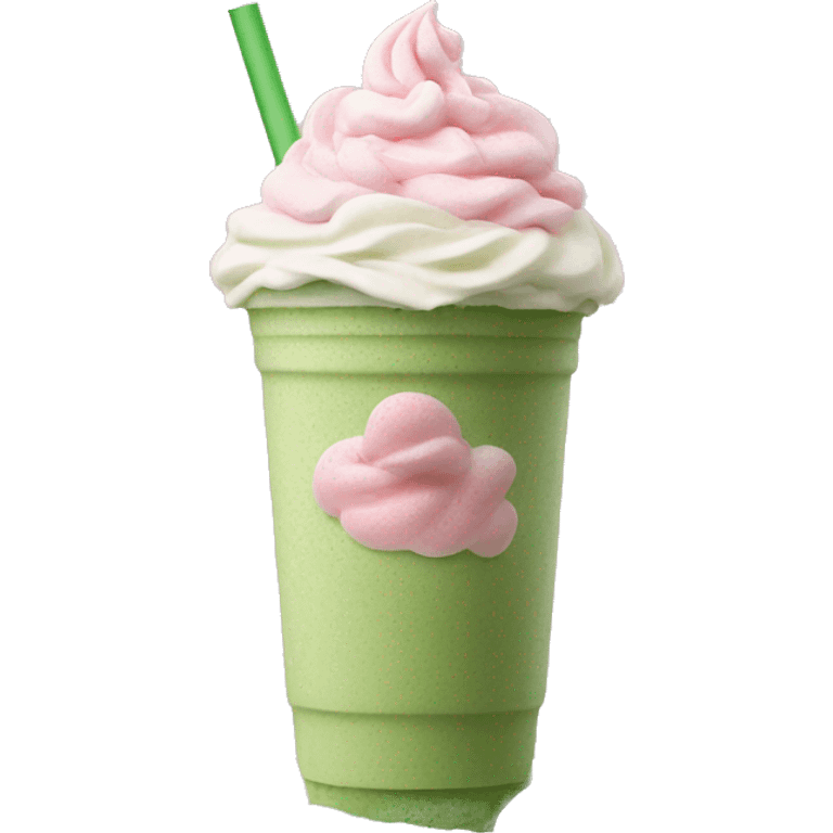 Green tea frappe topped with pink whipped cream emoji