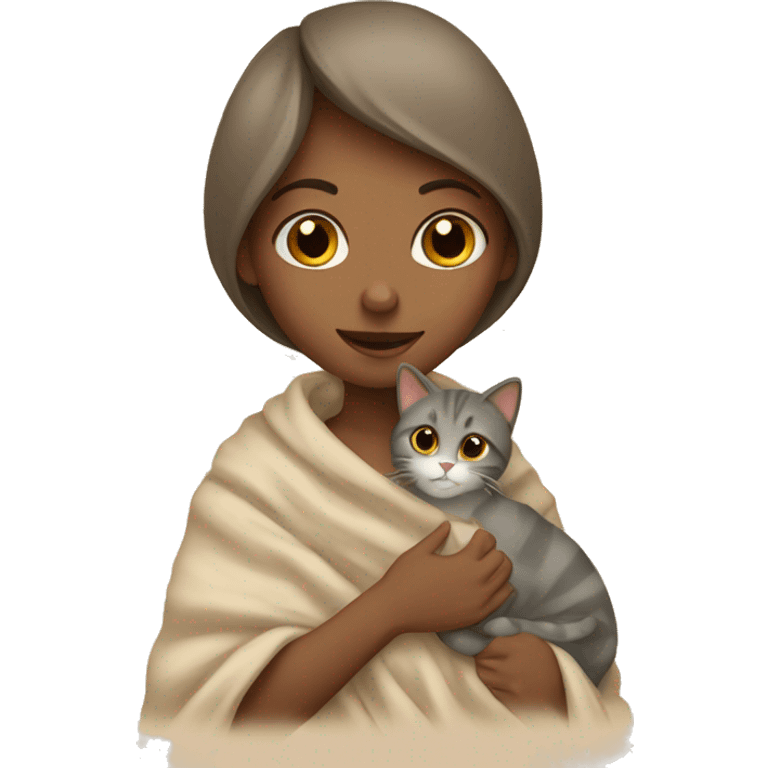 girl petting cat in beige blanket emoji