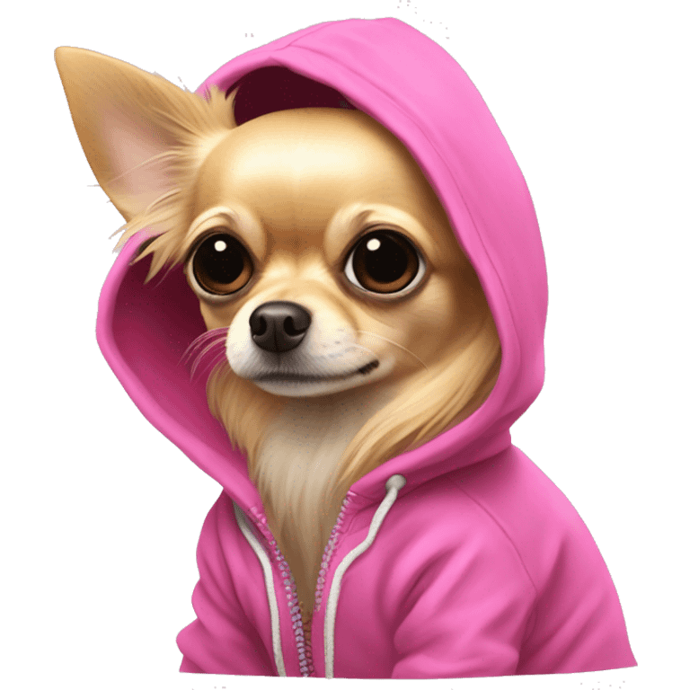   wirey fur long haired blonde chihuahua in a huge pink hoodie emoji