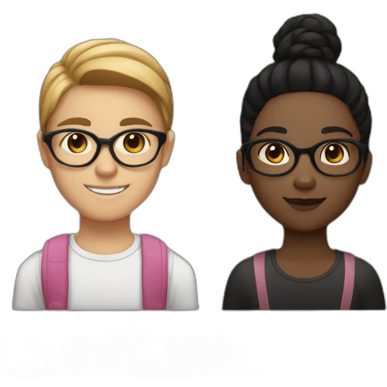  A girl, a boy, and a cat. The girl is white, with black straight hair and wears glasses. The boy is dark-skinned with a bun. The cat is black and white with a black spot on its mustache emoji