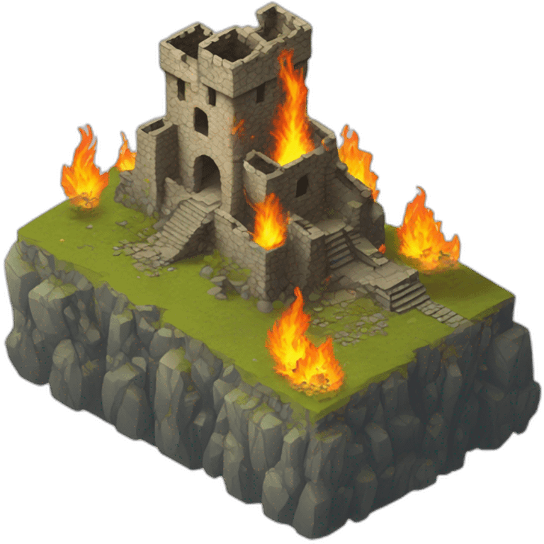 Isometric ruins of a burning castle beside the coast emoji