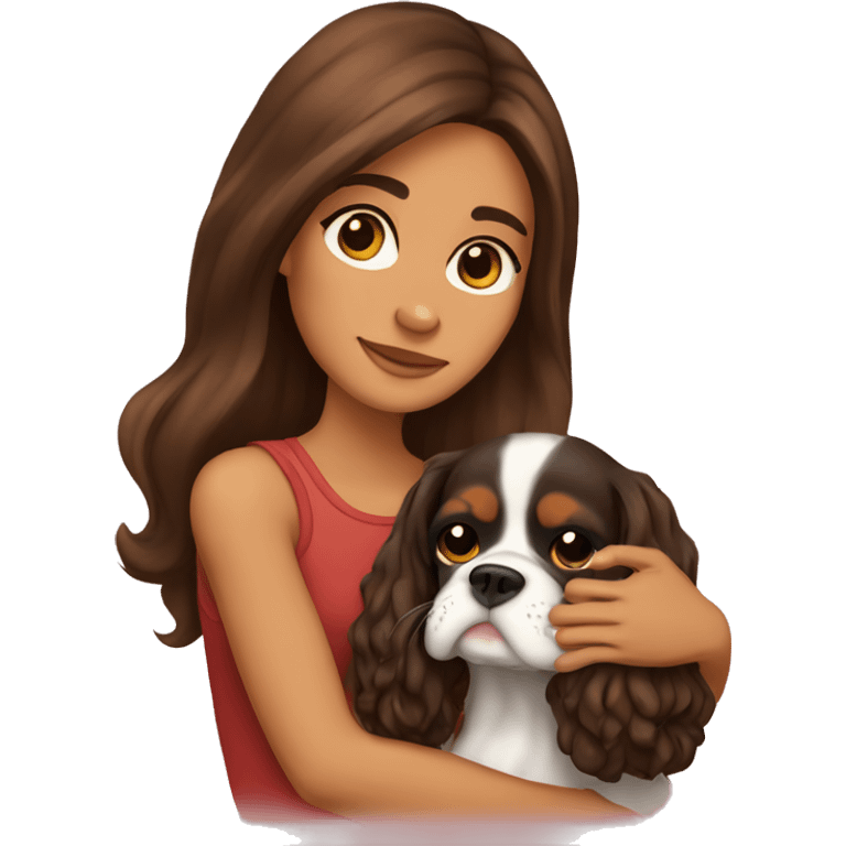 a cute brunette girl holding and hugging a cavalier king charles spaniel  emoji