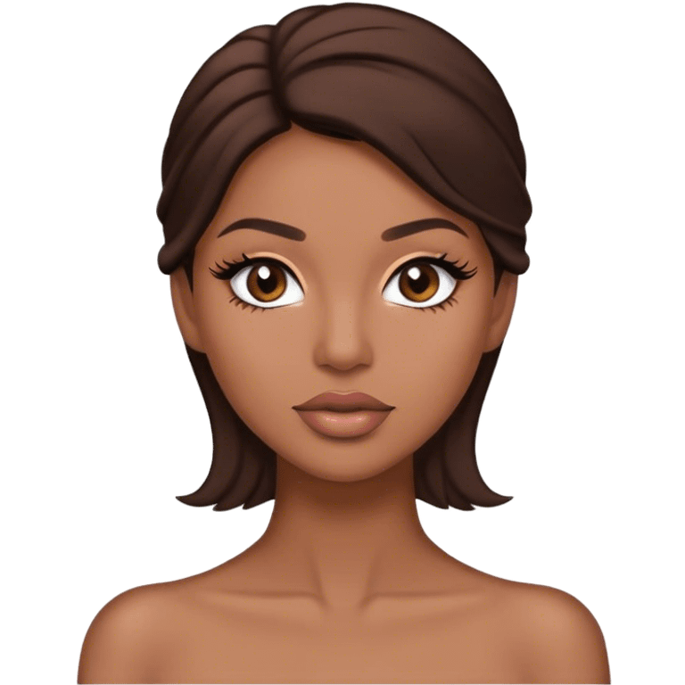 Medium light brown skin woman with dark brown hair, lashes and nude lip color emoji