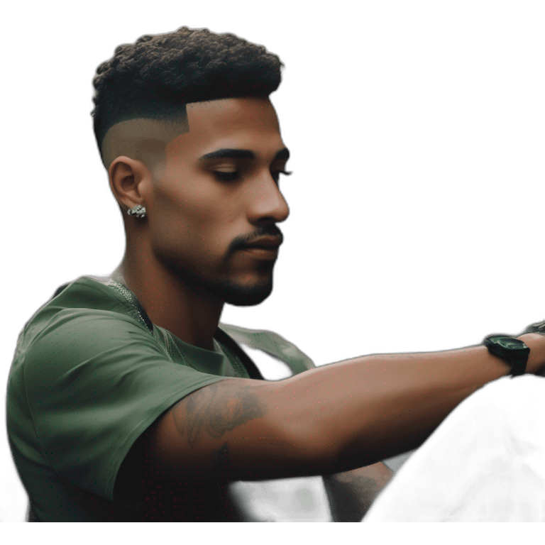 Uber Cariocas do Rio de Janeiro Brasil, criar do RJ roupas típicas da favela Streetwear black Brazilian young favela barberman doing a degradê militar fade haircut in a black Brazilian Man emoji