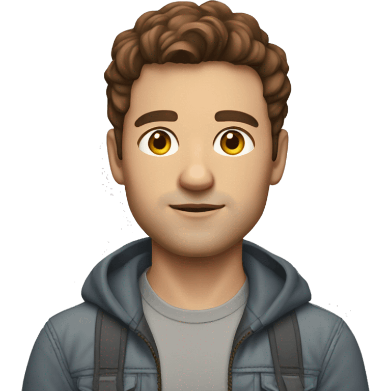 grown man with brown hair and bright skin in streatwear clothing facing to camera emoji