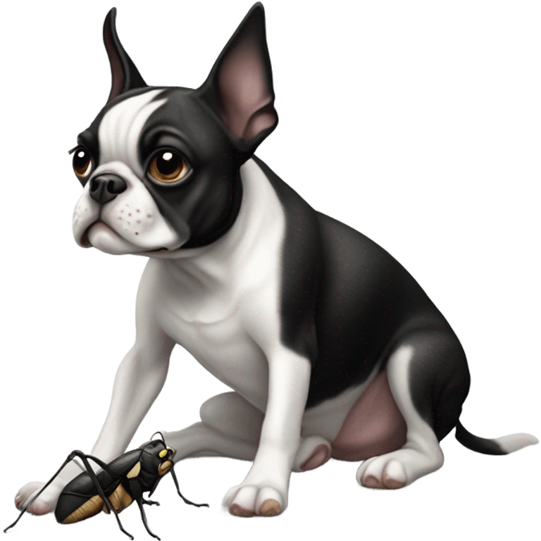 Boston terrier with a cricket  emoji