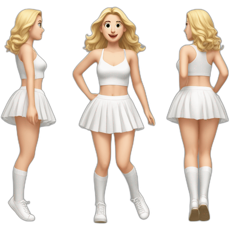 hyperrealistic-full-body-caucasian-curvy-beauty-jumping-small white-skirt-back-and-front-views-strong-wind-white knickers white socks emoji