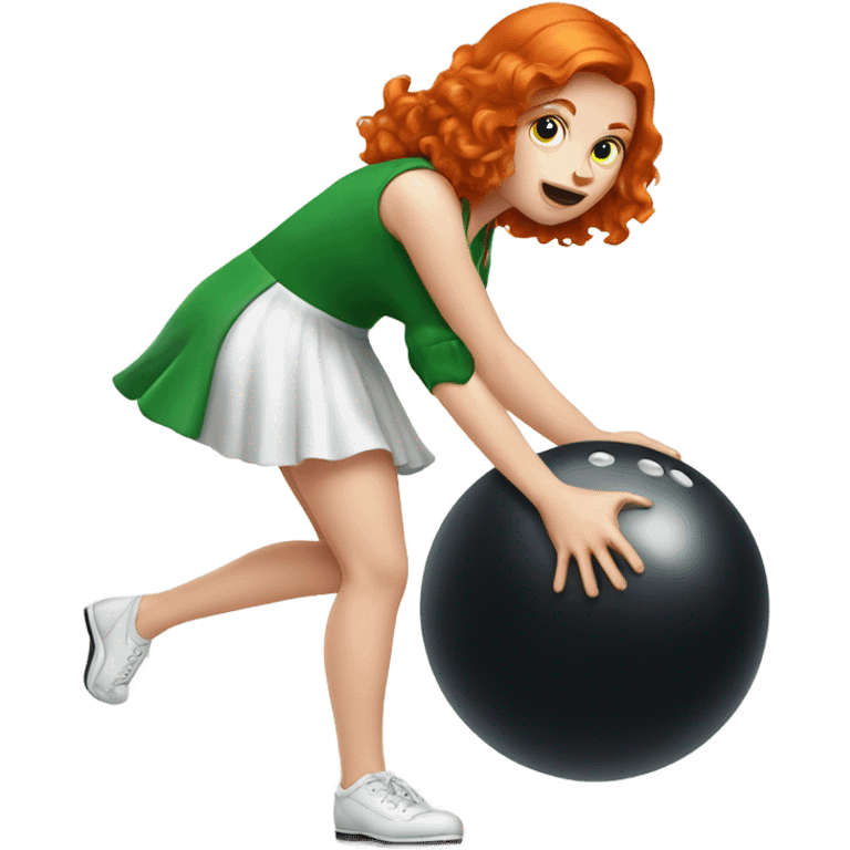 Irish, red-headed, female dancer bowling, in a standing, slightly bent over stance holding a bowling ball emoji