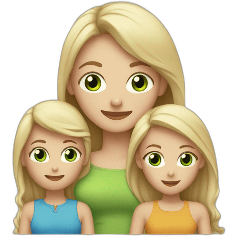 4 people Family . blond girl green eyes, dad (with no hair), mom (long blond hair) and sister with brown hair hud each other emoji