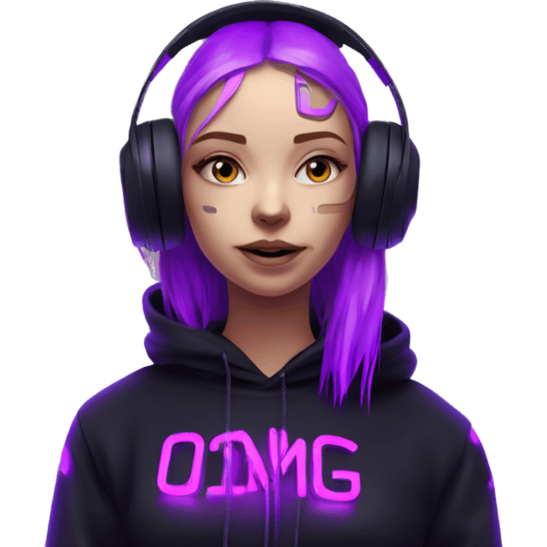 Russian girl wearing black hoody with violet letters "OMG", in vr headset. Cyberpunk style. Violet neon. emoji