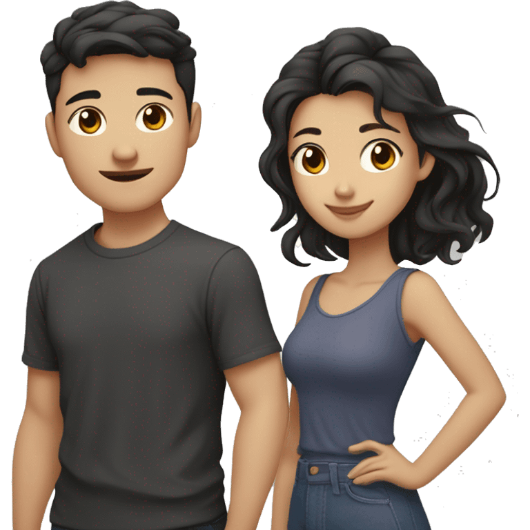 A half pale Asian man with short dark hair and amber eyes embracing and loving a half Asian woman with long wavy dark hair and dark hazel eyes. They love each other a lot And have good fashion taste. And are having a lot of fun emoji