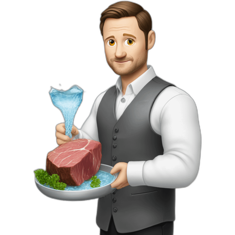 tim robinson dark black slicked back hair white long sleeve shirt with a light grey vest pouring water on a steak emoji