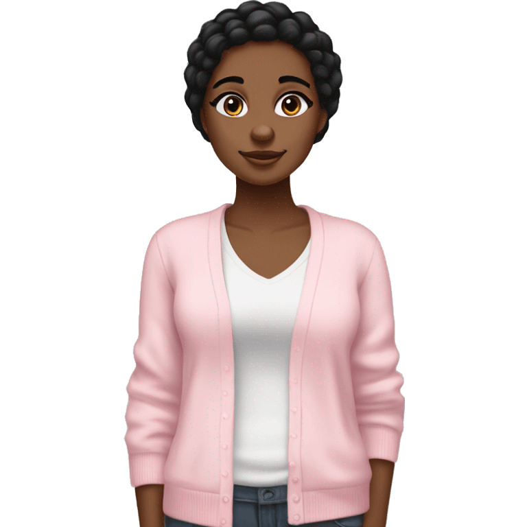 Brownskin black girl with straight black hair in rlly baby pink shirt and white cardigan and long eyelashes  emoji