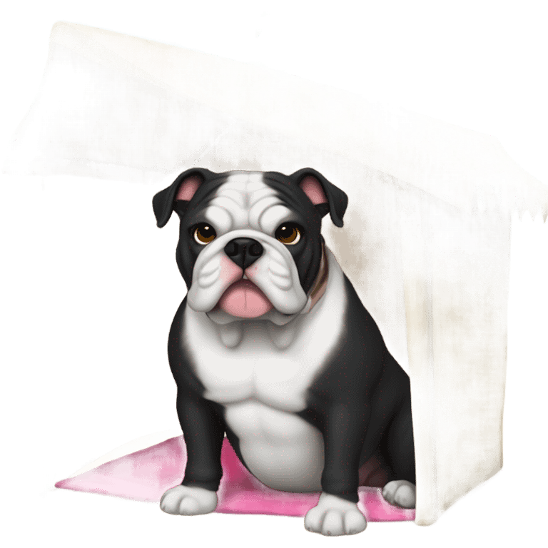 Black furred English bulldog hanging out in a cabana emoji